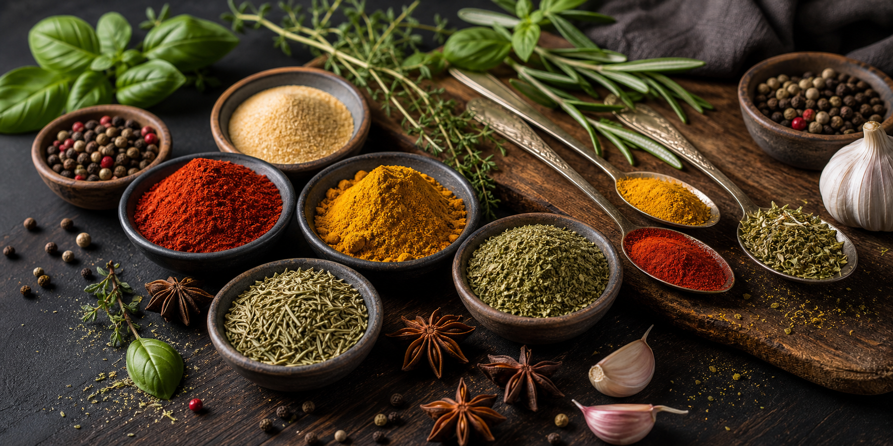 Colorful ground spices, herbs, and garlic